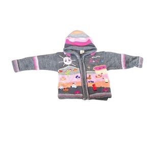 Lucy Iburg Kids Gray and Pink Sweater with Fun Patterns Full Zip Pockets Hooded